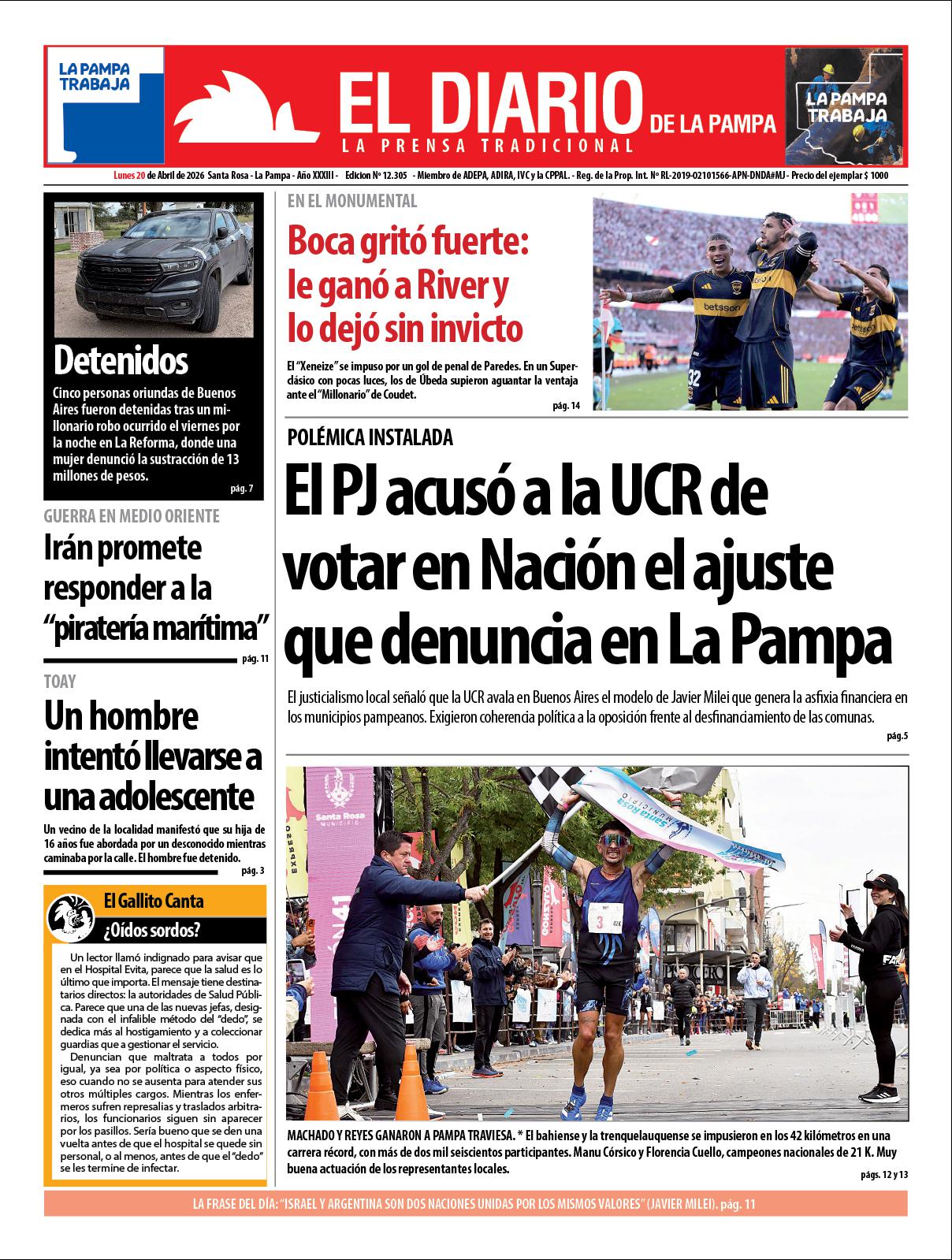Tapa de El Diario en papel  lunes 20 de abril de 2026